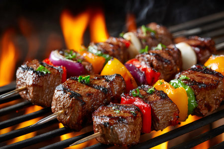 Delicious barbecue skewers grilling on open flames with colorful vegetables and beefの素材