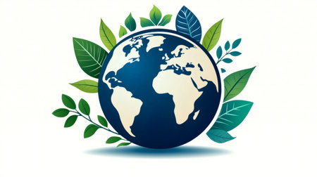 Earth globe surrounded by green leaves promoting ecology and environmental conservationの素材