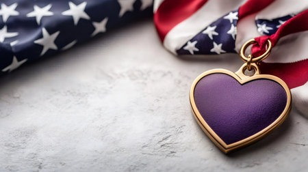 Purple heart medal displayed with American flag, honoring military sacrifice and braveryの素材