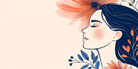 Minimalist illustration of a woman with closed eyes surrounded by flowers, representing femininity, serenity, and beautyの素材