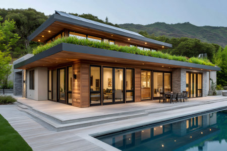 Luxurious and eco friendly home showcasing a green roof, solar panels, and a stunning swimming pool in a tranquil natural settingの素材
