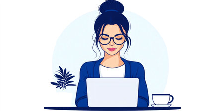 Businesswoman concentrating on her laptop, enjoying a cup of coffee, illustrating the concept of remote work and productivityの素材