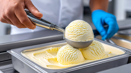 Chef scooping vanilla ice cream with a metal spoon from a metal containerの素材