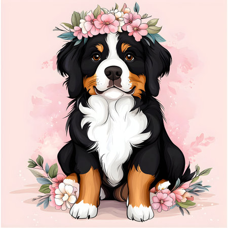 Cute bernese mountain dog puppy wearing a flower crown sits and poses on a pink backgroundの素材