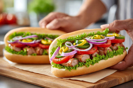 Close up of appetizing hot dogs being prepared with grilled sausages, fresh lettuce, tomatoes, onions, pickles, and mustardの素材