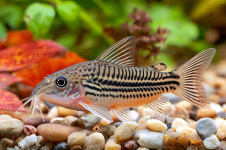 Corydoras fish is swimming in a fish tank with colorful pebbles and plantsの素材