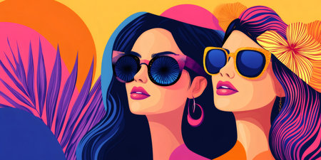 Two fashionable women with sunglasses and colorful hair enjoying summer vibesの素材