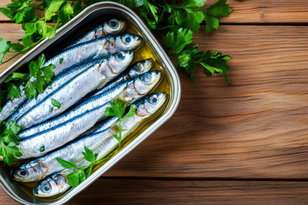 Canned sprats in olive oil with parsley garnish, presented on a rustic wooden table, creating an appetizing culinary sceneの素材