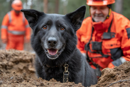 Black search and rescue dog emerging from a hole in the ground with emergency responders in the backgroundの素材