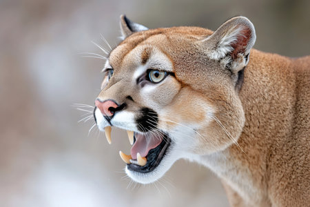 Close up of a cougar growling, revealing its teeth, with a blurred winter backgroundの素材