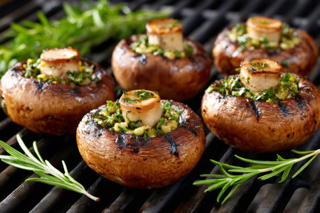 Large portobello mushrooms grilling on a barbecue, seasoned with garlic, parsley and rosemaryの素材