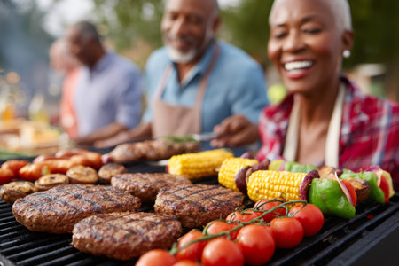 Close up of delicious food grilling on barbecue with senior friends enjoying cooking together in backgroundの素材
