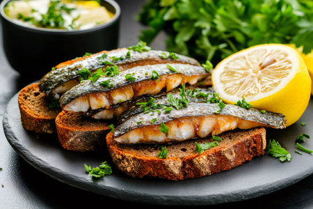 Delicious smoked sprats served on rye bread with lemon and parsley, creating a flavorful and visually appealing dishの素材