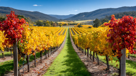 Scenic view of vineyards in autumn colors with mountains in the backgroundの素材