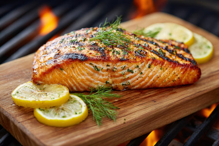 Delicious grilled salmon fillet with lemon and dill cooking on a cedar plank over flames on a barbecue grillの素材