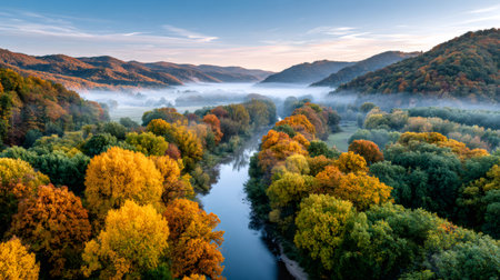 Stunning aerial view of a river winding through a vibrant autumn forest at sunrise, with fog hovering over the valleyの素材