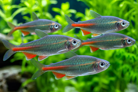 Five vibrant glowlight rasboras gracefully navigate their lush green environment, showcasing their iridescent scalesの素材