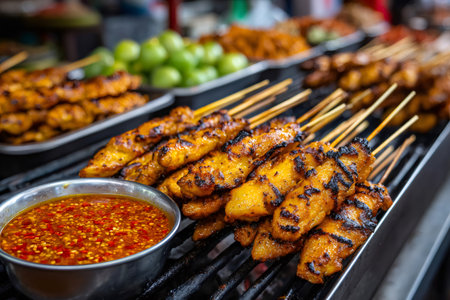 Chicken satay grilling on a barbecue with spicy peanut sauce, a popular street food in Southeast Asiaの素材