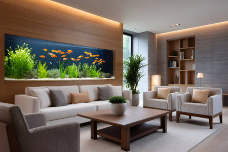 Elegant living room featuring a large built in aquarium, creating a tranquil and stylish atmosphereの素材