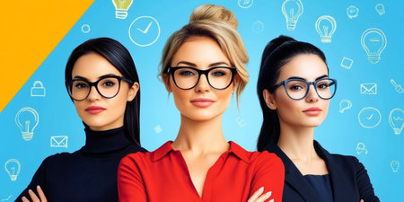 Three businesswomen wearing eyeglasses with their arms crossed, with icons of lightbulbs, clocks, and mail representing new ideas and innovationの素材