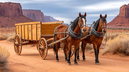 Pair of horses pulling an old wooden wagon along a dirt road in monument valleyの素材