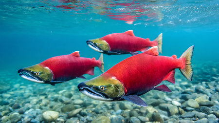 Three red salmon swim gracefully over rocky riverbedの素材