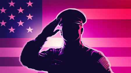 Silhouette of an American soldier saluting the flag of the United States with a pink and purple backgroundの素材