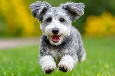 Adorable puppy running happily in a green park, enjoying the summertime weatherの素材