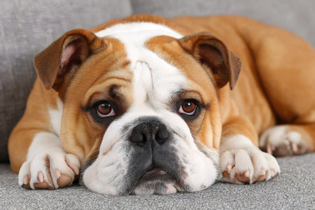 Charming english bulldog resting on a cozy sofa, enjoying a moment of tranquilityの素材