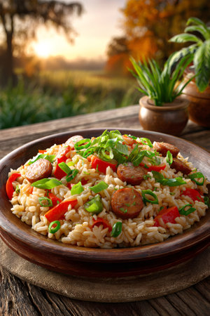 Savory jambalaya with sausage, rice, and vegetables served on a wooden table at sunsetの素材