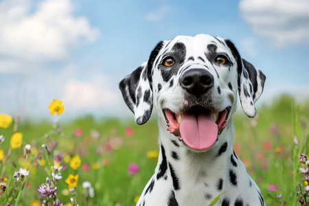 Dalmatian dog panting and smiling in a field of colorful wildflowers with a blue skyの素材
