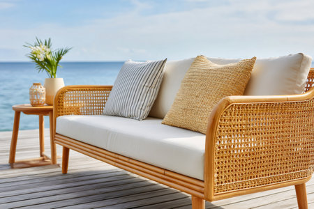 Rattan sofa with cushions invites relaxation by the ocean in a tropical settingの素材