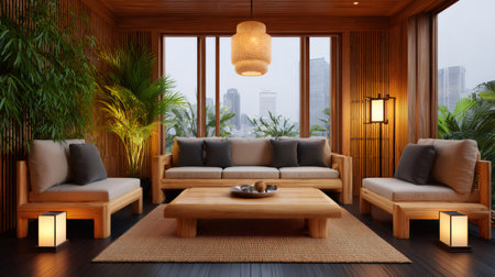 Relaxing and elegant home interior featuring wooden furniture, soft lighting, and a stunning cityscapeの素材