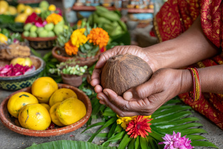 Hands holding coconut during a Hindu prayer with traditional offerings of fruits and flowersの素材