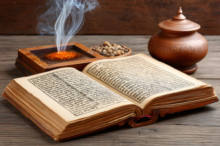 Open ancient book lies on a wooden table alongside burning incense and a clay pot, creating a spiritual atmosphereの素材