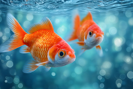 Goldfish swimming in clear blue water with bokeh effect creating a peaceful underwater sceneの素材