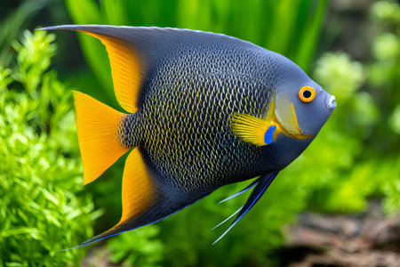 Beautiful angelfish with vibrant yellow fins and intricate scale pattern swims gracefully in a lush green aquariumの素材