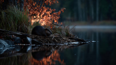 Eurasian beaver rests on its lodge by a tranquil lake at twilight, with warm autumnal colors reflecting in the waterの素材