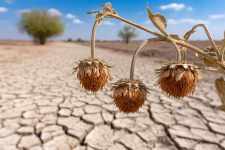 Withered sunflowers droop against a backdrop of parched earth, symbolizing the impact of drought and climate changeの素材