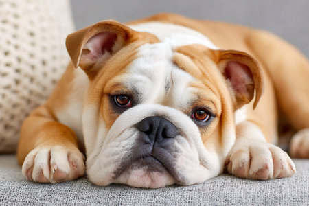 English bulldog lying down on a gray sofa with its head resting on the cushionsの素材