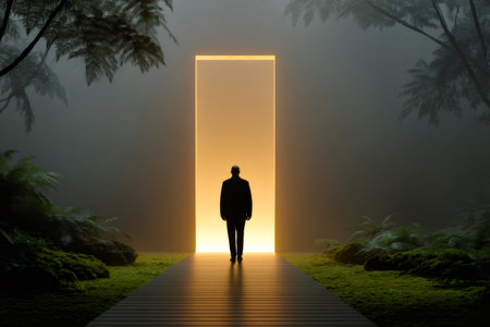 Surreal image of businessman walking on wooden path towards glowing rectangular door in mysterious forestの素材