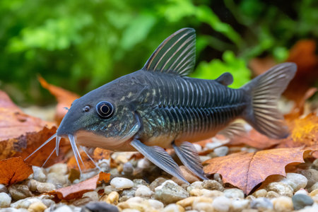 Black corydoras catfish swims gracefully in a planted freshwater aquarium, its barbels twitching as it explores the gravel bottom and autumn leavesの素材