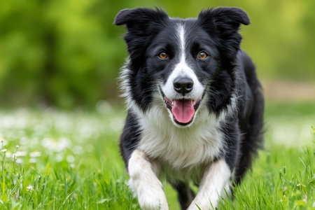 Border collie running happily on meadow full of daisies on sunny summer dayの素材