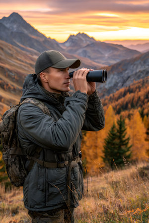 Hunter using binoculars in beautiful mountain landscape at sunset during autumn seasonの素材