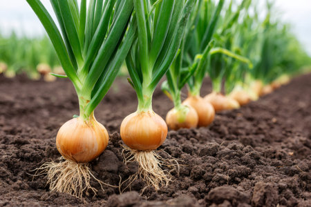 Onions growing in fertile soil, representing agriculture, farming, and healthy food productionの素材