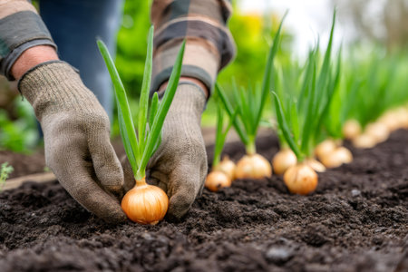 Gardener wearing gloves planting young onion sets in a fertile soil of a vegetable gardenの素材