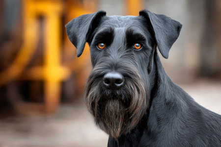 Close up of a black giant schnauzer dog with expressive orange eyes, showcasing the breed's distinctive beard and intense gazeの素材