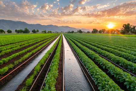 Water flows through irrigation canals in a cultivated field, nourishing crops under a vibrant sunset skyの素材