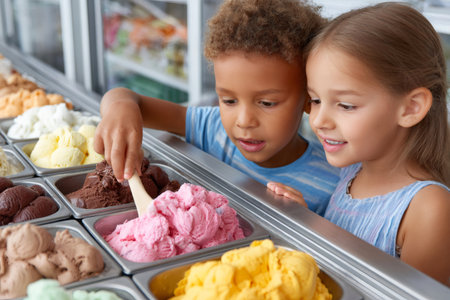 Little boy and girl choosing ice cream flavor at gelato shopの素材