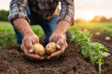 Senior farmer showing potatoes in his hands, in a cultivated field at sunsetの素材